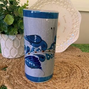 Signed small vase with blue bird and floral detailing, EUC